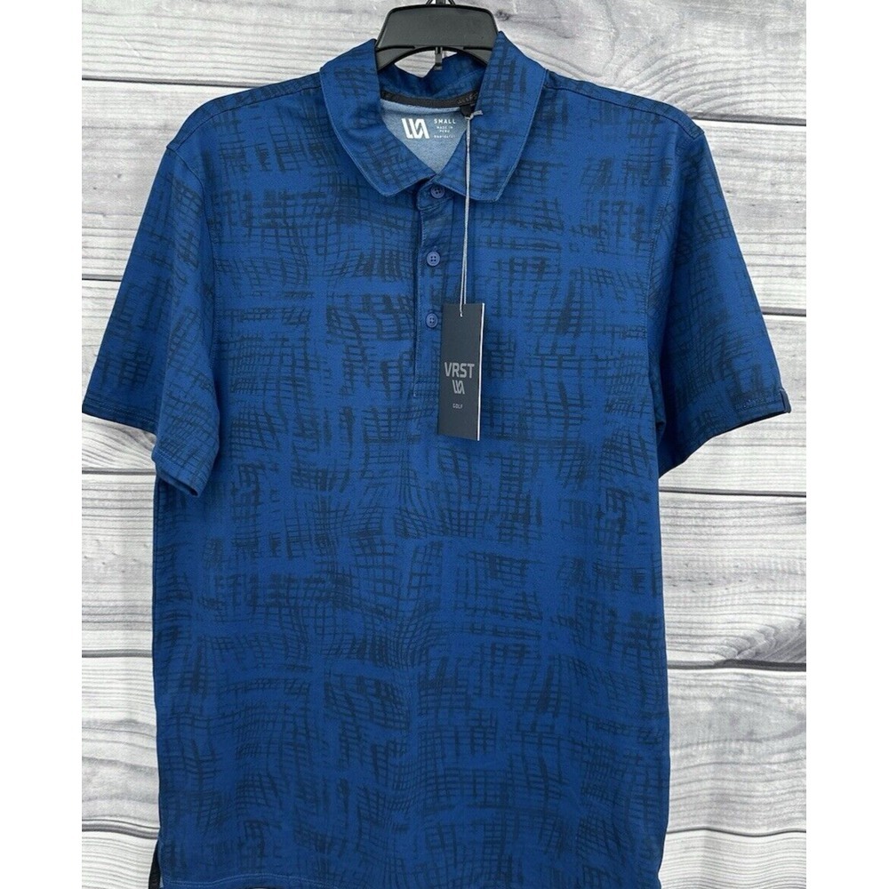 VRST WARPED CHECK PIQUE PRINT PERFORMANCE POLO‎ SHIRT Men's Size Small BLUE